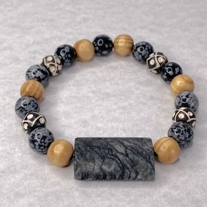 Snowflake obsidian gemstone wood beaded bracelet unisex